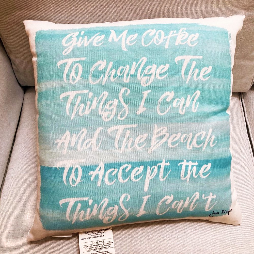 MWW, 18” x 18” Blue and White Beach Theme Throw Pillow “Give Me Coffee”